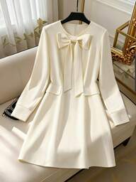 GlowEve CURVE Büyük Beden Kadın Düz Renk Fiyonk Detaylı Yuvarlak Yaka Uzun Kollu Zarif Elbise