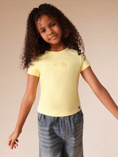  SUMWON Tween Casual Logo Short Sleeve Crew Neck T-Shirt With Front Chest Emblem Summer Basic Soft Comfortable Everyday Wear Top Vacation