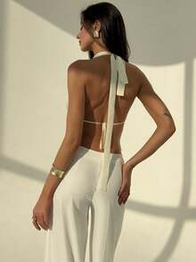 Aloruh 女士纯白色串珠刺绣露背吊带背心，春夏款 - 白色 - 查看 2