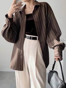 FRIFUL Women's Striped Lapel Drop Shoulder Long Sleeve Loose Casual Versatile Shirt, Autumn/Winter - Brown - View 4
