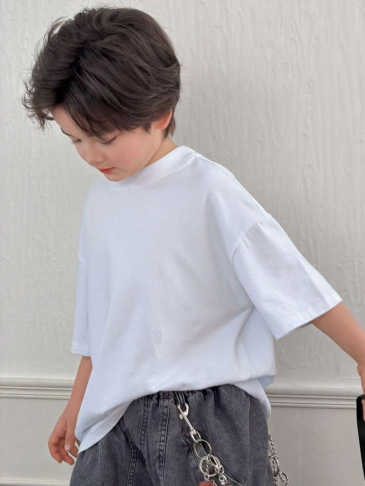Tween Boy Solid Color Round Neck Drop Shoulder Short Sleeve Casual Loose T-Shirt Spring Summer