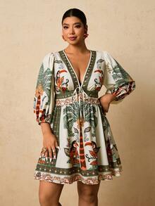 Travachic Đầm ngắn tay dài cổ chữ V thắt nơ phía trước, họa tiết nhiệt đới, cỡ lớn, thích hợp cho mùa xuân. - màu xanh lá - Xem 6