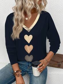 EMERY ROSE Women's V-Neck Long Sleeve Casual Fashion Heart Print Gold Coated Collar T-Shirt, Suitable For Spring And Autumn