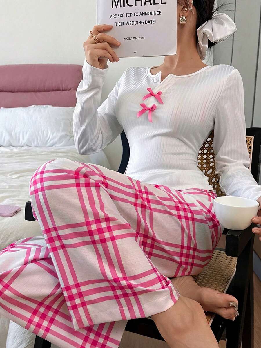 Dream Adore 女士休闲罗纹纯色上衣和格子印花裤子睡衣套装 - 粉色 - 查看 1