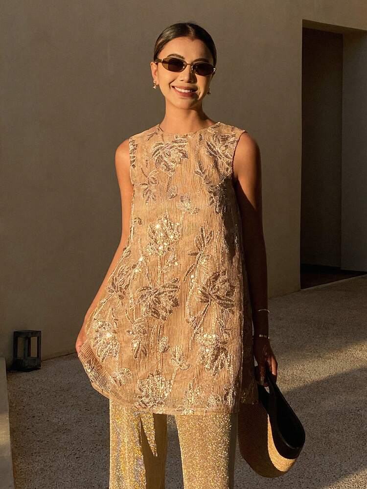 Women's Sleeveless Jacquard Sequin Fabric Round Neck Long Elegant Vacation Tank Top, Spring/Autumn New Years Women Carnival