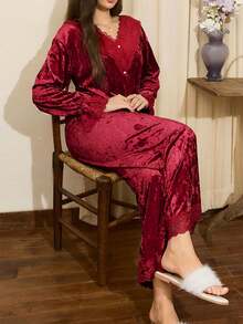Côtesoire French Elegant Lace Patchwork Velvet Charm Women Pajama Set, Autumn/Winter Lace Pajama Set Lace Pj Set Red Pajama Set Burgundy Pajama Set - Burgundy - View 4
