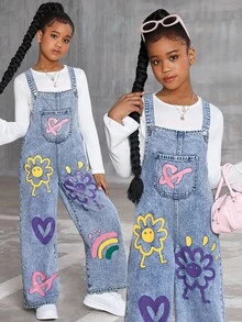 SHEIN Sparklyn Girls' Fashionable Floral, Heart, Rainbow & Graffiti Print Casual Soft Washed Denim Adjustable Strap Loose Fit Jumpsuit, Suitable For Layering With Short/Long Sleeve Tops, Perfect For Daily Wear And Travel, All Seasons Fall Winter