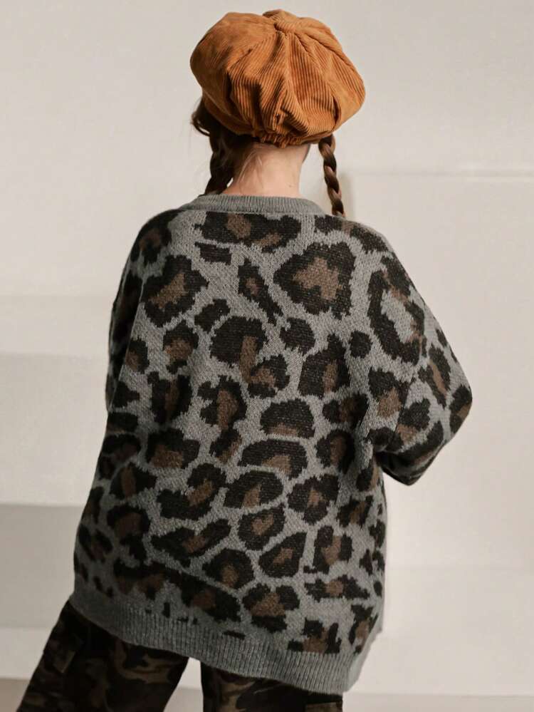 Tween Girl Leopard Print Loose Fit Casual Single-Breasted Long Sleeve Cardigan