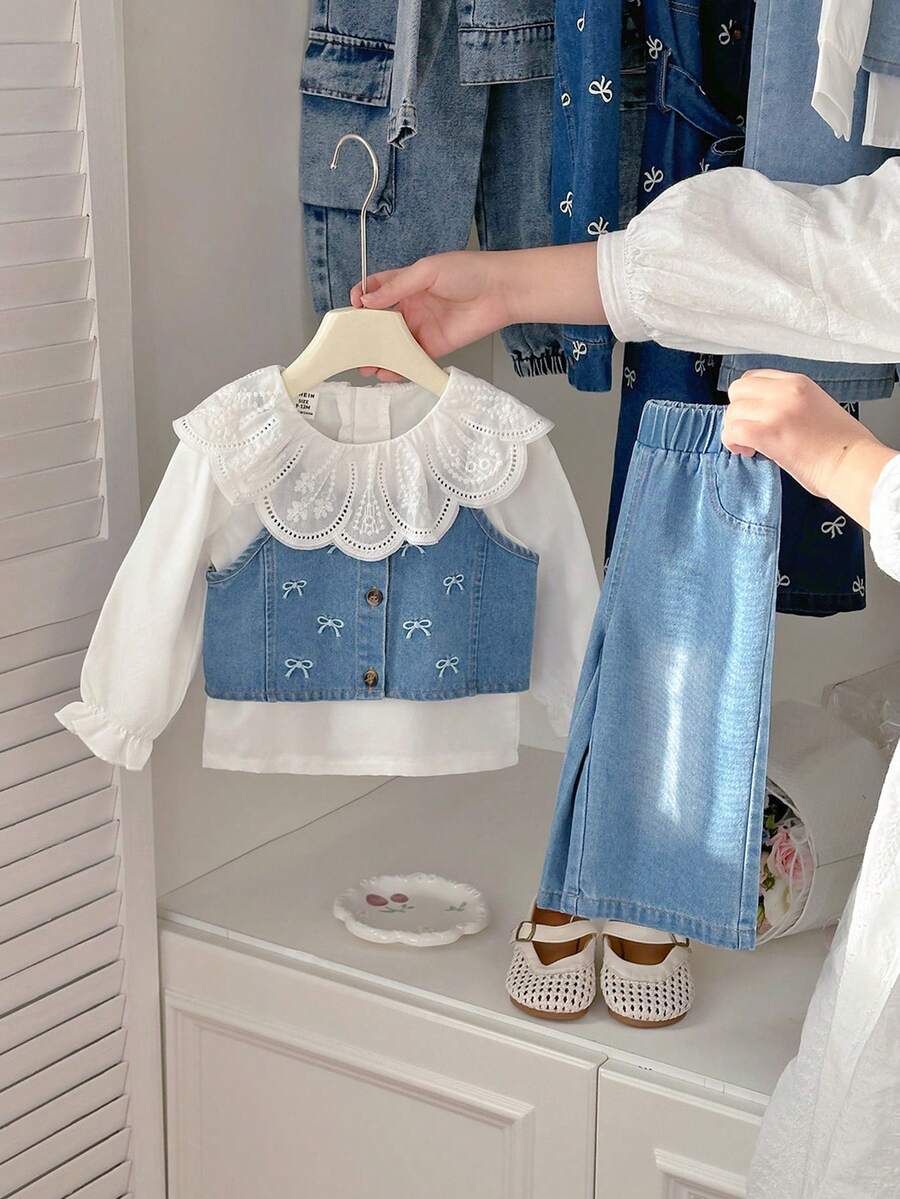 SHEIN Babygirl Infant & Baby GirlSpring/Autumn Lace Collar Long Sleeve Casual Top, Paired With Fashionable Western Style Strap Cowboy Tank Top And Long Versatile Fashion Jeans Set, Suitable For Traveling, Vacation Or Daily Casual Wear - Blue - View 1