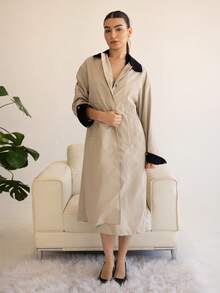 Andrea Bello Abrigo largo de mujer con bloques de color contrastante, ropa de otoño, ropa de vuelta al colegio - Beis - Ver 1