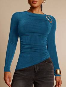 Silquee Áo nữ tay dài màu nâu cà phê trơn, phối kim loại, eo nhún bèo, vạt bất đối xứng, chất liệu co giãn, ôm sát, phù hợp cho mặc thường ngày, công sở, hẹn hò, dự tiệc. - Màu xanh ngọc - Xem 6