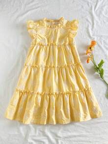 SHEIN 1件女童镂空纹理面料立领A字度假连衣裙，春夏款 - 黃色 - 查看 3
