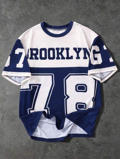 SHEIN Coolqubz Boys' Casual Basketball Sports Numeric & Letter Print Graffiti Round Neck Short Sleeve T-Shirt, All Season