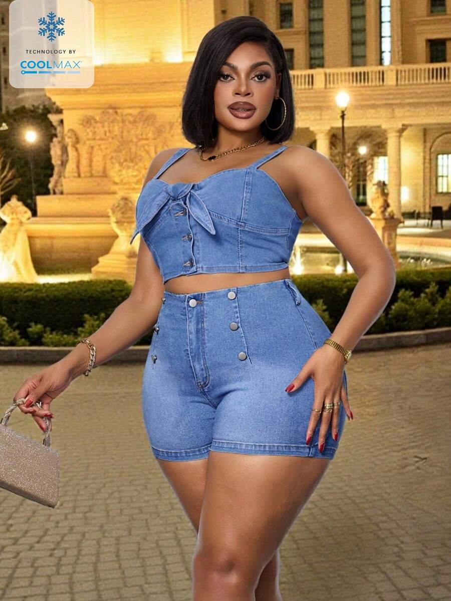 Slaydiva 大码女式牛仔短裤，修身性感休闲度假迷你短裤 - 藍色 - 查看 1