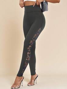 Amorya 女式高腰撞色蕾丝紧身裤 - 深灰色 - 查看 4