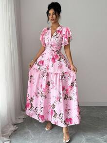 SHEIN Elenzya 荷叶边袖V领收腰A字印花优雅浪漫连衣裙，适合茶会、乡村度假、旅行等场合。 - 彩色 - 查看 6