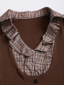 Sweetra Women's Retro 2 In 1 Plaid Patchwork Long Sleeve Shirt Design Top - Coffee Brown - View 3