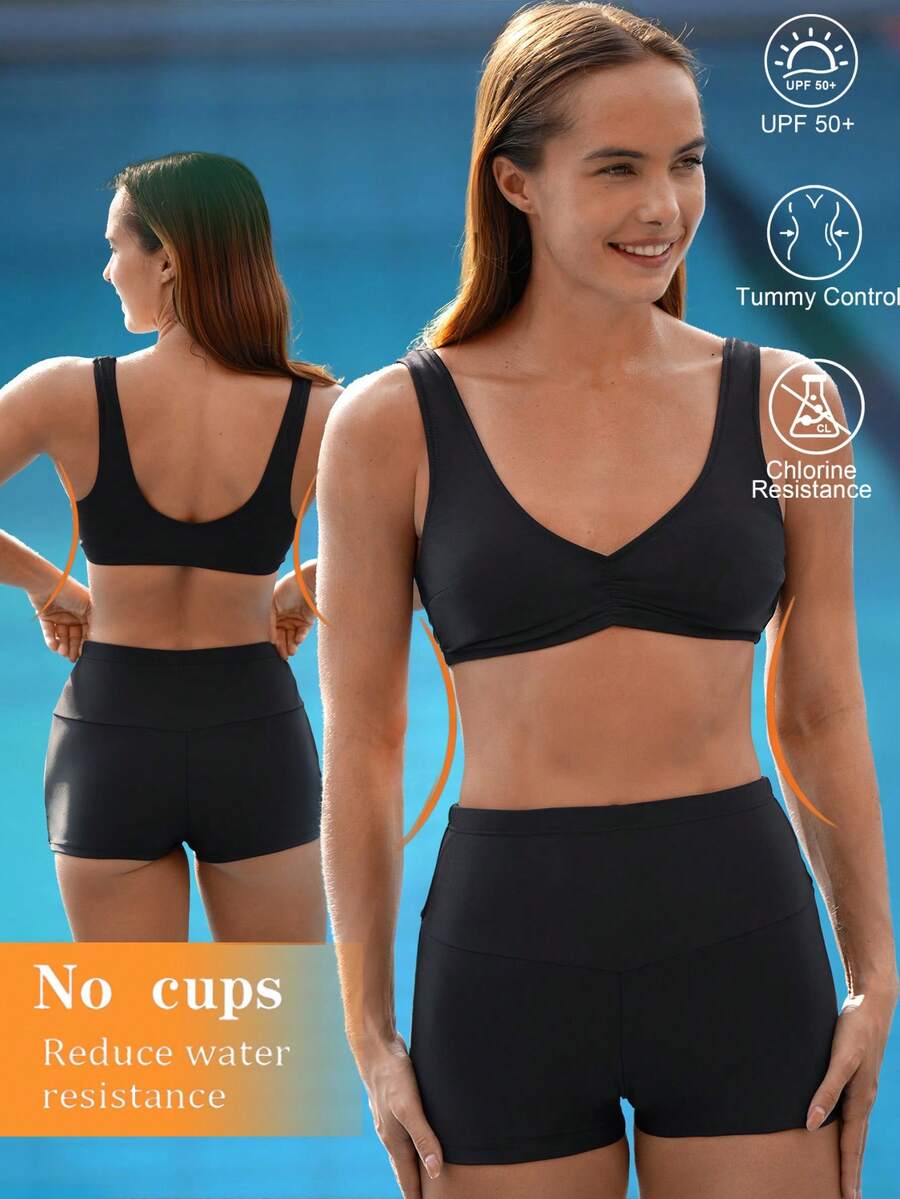 Swim Nautrix Bộ đồ bơi đi nghỉ thường ngày màu đen cổ tròn không tay xếp ly phía trước cho nữ mùa hè mới - màu đen - Xem 1