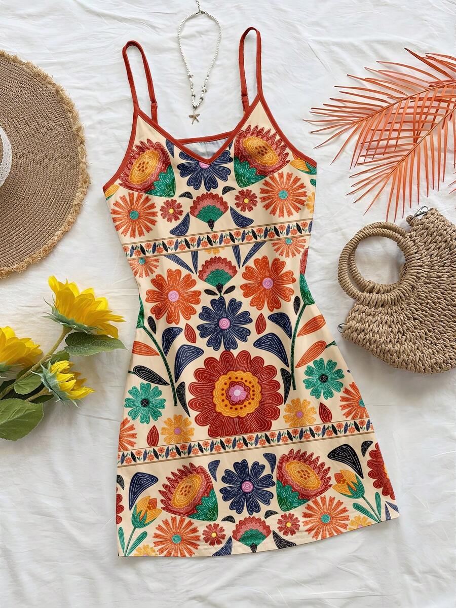 Soleia Apricot Floral Geometric Retro Print Casual Vacation Style Women Spaghetti Strap Mini Dress, Suitable For Spring/Summer Vacation Carnival - Multicolor - View 1