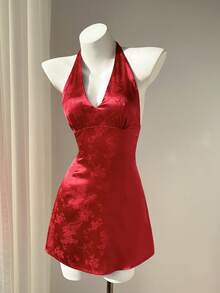 Elamini Women's Red Jacquard Deep V-Neck Halter Tie Knot Backless Slim Fit A-Line Dress, Sexy & Chic For Dates And Occasions - Red - View 4