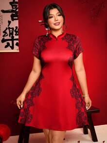 Cravure 大码女式优雅中国风，新款中国风，中国新年蕾丝印花短袖旗袍迷你连衣裙，适合春夏、返校、毕业、假期、情人节、音乐节、母亲节、万圣节、感恩节、复活节、国庆节、晚会、约会、派对、婚礼、郊游等场合。 - 紅色 - 查看 6