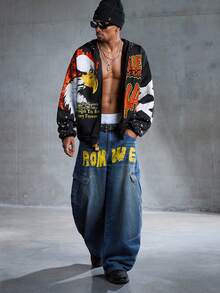 ROMWE MEN Street Life 男士五角星标语图案拉链抽绳连帽衫，时尚百搭通勤卫衣，秋冬款 - 黑色 - 查看 4