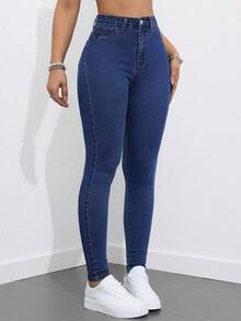 SHEIN ICON Plus Size Women Street Casual Elastic Comfortable Dark Blue Denim Skinny Pants - Medium Wash - View 5