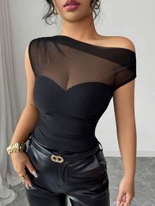 Selianne Summer New Sexy Black Shoulder Splice Mesh Ruched Waist Women's Bodysuit, Suitable For Party, Vacation - Black - View 4