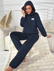 SHEIN Women's Solid Color Drop Shoulder Long Sleeve Hooded Fluffy Warm Winter Pajama Set Cozy Sets Women Women Lounge Set Navy Blue Pajama Set Matching Lounge Set Comfy Set - Blue - View 3