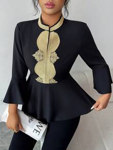 SHEIN Elenzya Áo kiểu nữ cổ chữ V thêu vàng, tay lỡ 3/4 dáng chuông, viền bèo nhún, kiểu dáng thanh lịch, đa năng cho mùa xuân/hè. - màu đen - Xem 5
