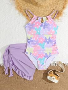 SHEIN Girls Swimsiut One-Piece Bathing Suit With Mesh Cover Ups Adjustable Straps Cut Out Swimwear - Multicolor - View 1