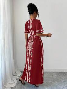 Elenzga New Elegant V-Neck Fashion Placement Print Women Dress - Burgundy - View 2