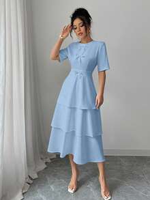 Elenzga Women's Minimalist Solid Color Butterfly Decor Round Neck Short Sleeve Skater Dress - Baby Blue - View 4