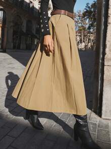 Maija 2025夏季新款卡其色褶裥喇叭裙，侧边口袋设计，配可拆卸PU皮革金属腰带，女士半身裙，时尚优雅，适合派对和都市通勤。 - 卡其色 - 查看 7