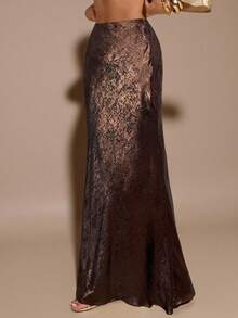 SHEIN BAE Gold Textured Low Waist Extra Long Mermaid Skirt, Gold Skirt, Autumn Skirt, Suitable For Nightclub Party, Going Out, Autumn Women's Clothing, Old Money, Work/Office, Business Casual - Brown - View 6