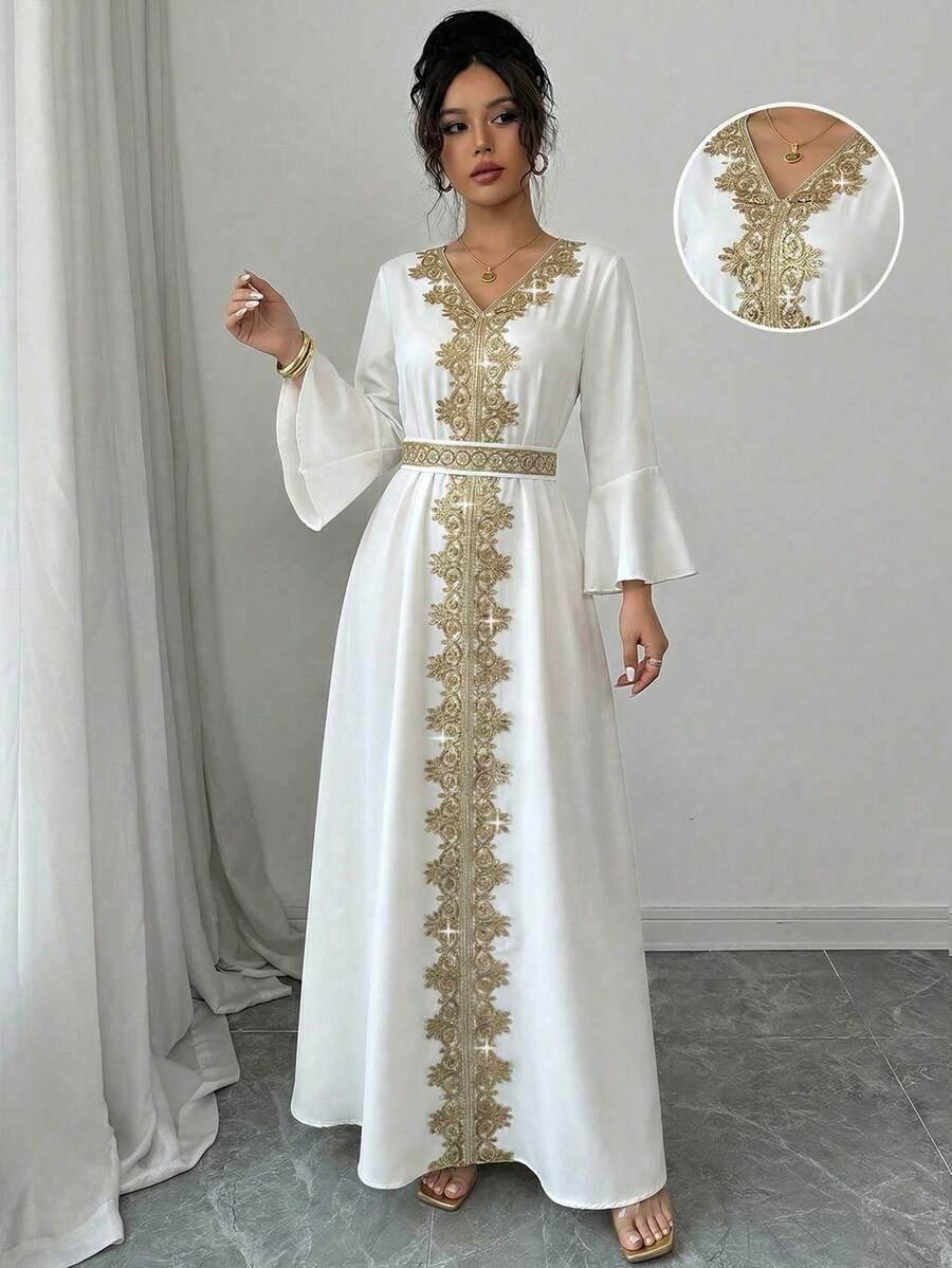 Selianne Elegant Vintage Sequin Ribbon Decor Dress - White - View 1