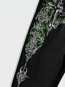 ROMWE MEN Men's Casual Gothic Style Horror Character & Cross Print Drawstring Waist Jogger Pants - Black - View 4