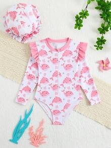 Traje de baño de una pieza con volantes y estampado de ballena para niña, ideal para vacaciones de verano en la playa - Rosa - Ver 2