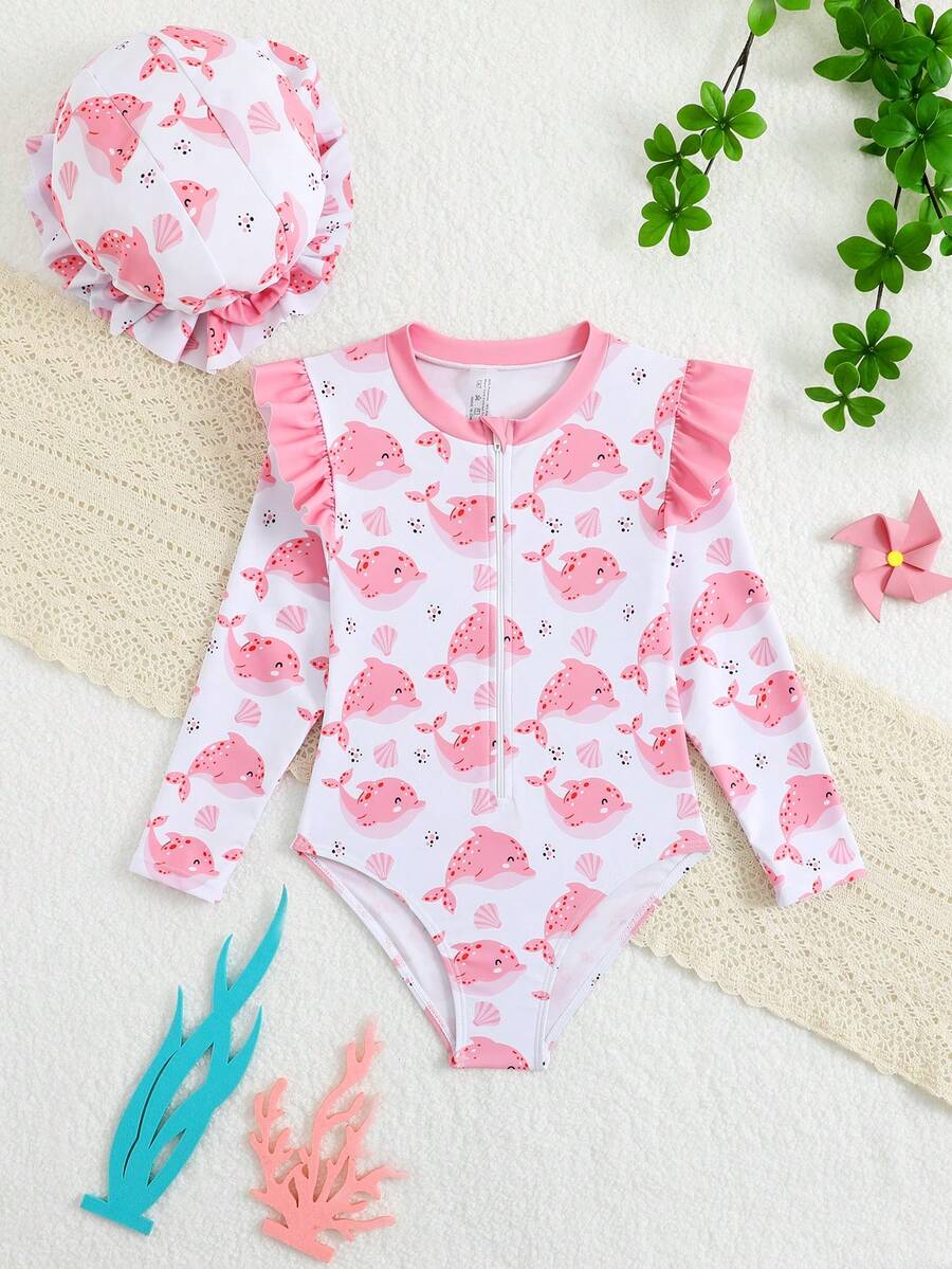 Young Girl Whale Print Ruffle Trim One-Piece Swimsuit, Summer Beach Vacation Young Girl Long Sleeve Swimsuit Girl Rash Guard Flamingo Swimsuit Girls Bathing Suit With Rash Guard Swimwear Set Girls Long Sleeve Liytle Girl Swimsuit Long Sleeve Girls Rash Guard Girls Modest Swimwear Girls Swimsuit Rash Guard Swim Shirt - Pink - View 1