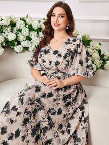 Modelyn Đầm chữ A thanh lịch in họa tiết dành cho phụ nữ cỡ lớn, thắt eo. - màu đen - Xem 5