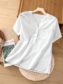 SHEIN Franclia 女士休闲日常通勤简约纯色纹理面料翻领半扣前襟拼接口袋宽松衬衫，夏季 - 白色 - 查看 1