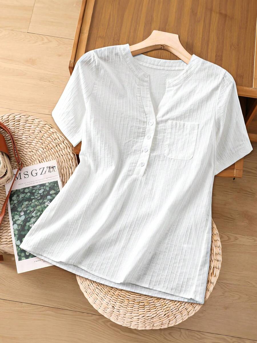 SHEIN Franclia 女士休闲日常通勤简约纯色纹理面料翻领半扣前襟拼接口袋宽松衬衫,夏季 - 白色 - 查看 1