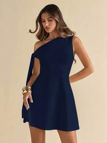 SHEIN BAE 女士不对称肩部系带腰部黑色修身优雅A字褶边半身裙 - 藏蓝色 - 查看 4