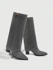 Daringsoles Women's Pointed Toe Shiny Buckle Design Fashion Daily Wear Versatile High Heel Knee-High Boots - Grey - View 6