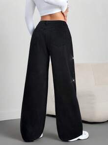 SHEIN Tall Women's Skinny Fit Straight Leg Jeans, Black With Rhinestone Embellishment - Black - View 2