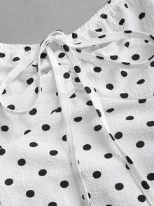 Sweetra Women's White Polka Dot Bow A-Line Blouse, Spring/Summer - White - View 3