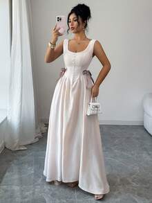 SHEIN Elenzya 无袖圆领收腰撞色A字优雅浪漫细节女式连衣裙，饰有蝴蝶结，简约而优雅 - 杏色 - 查看 3