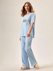 EURMUSE Women Casual Cotton Rib Knit Letter Print Drop Shoulder Short Sleeve Top And Pants Pajama Lounge Set - Blue - View 4