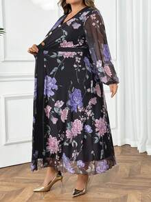 SHEIN CURVE+ Valentine's Day Women's V-Neck Lantern Sleeve Stretch Mesh Contrast Print Fitted Waist Elegant Romantic Plus Size Dress Fall Cloth For Women 8xl Women Clothes Plus Size Floral Dress - Multicolor - View 3