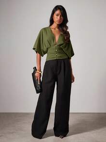 COSMINA Women's Elegant Batwing Sleeve Ruched Metal Button V-Neck Blouse - Green - View 5